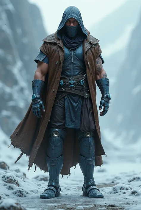  Sub Zero from the Mortal Kombat saga . His legs are robotic .  He wears a brown cape over his uniform with a hood covering his head. He doesn't wear a mask and he looks aged.