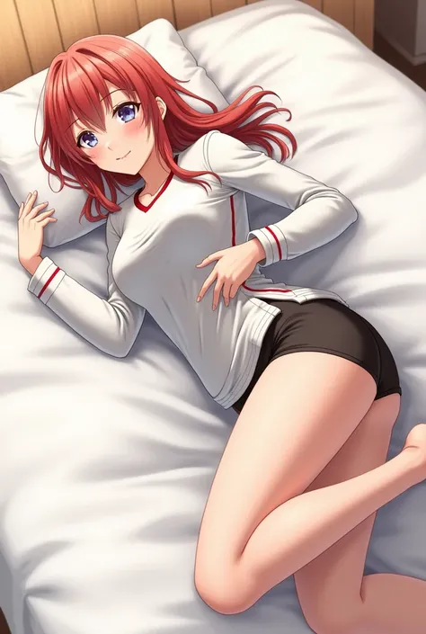  Anime girls,  lying on a bed with her head on a pillow, A screenshot inspired by Kitao Shigemasa  , pixiv, Process Arts ,  Smooth Anime CG Art, PC-Screenshot, HD-Screenshot, alicization, SFW-Version, touches her clothes,  full body shot,  look down timidl...