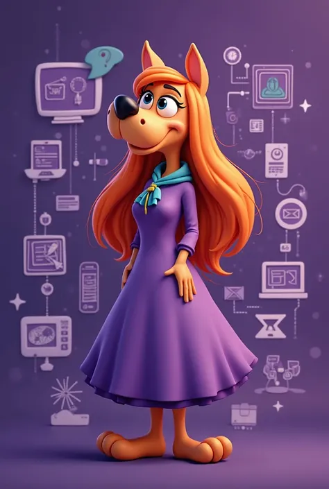 Create an animated purple cover with the theme of Daphne from Scooby Doo with references to technology and containing the following words: Inquirers, Knowledgeable, Thinkers, Communicators, Principled, Open-minded, Caring, Balanced, Reflective, Risk takers...