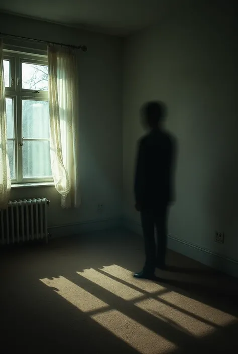 A nearly empty room with tattered curtains swaying in an unseen breeze. The only thing in the room is a tall, unnatural shadow standing in the far corner. It has no discernible features—just darkness shaped like a person, watching, waiting.