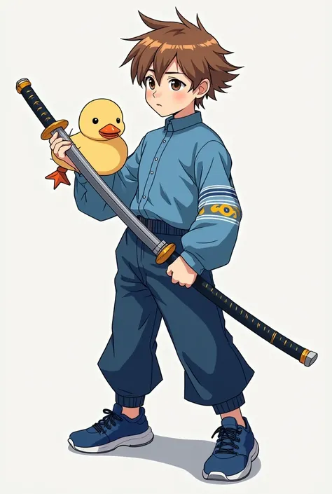 A boy in a cold blue blouse, With a little yellow duckling,  black pants, Undercut brown hair, stripes on the sleeve of the blouse,   dark blue sports sneakers ,  sword Katana, Blue fig on the sword 