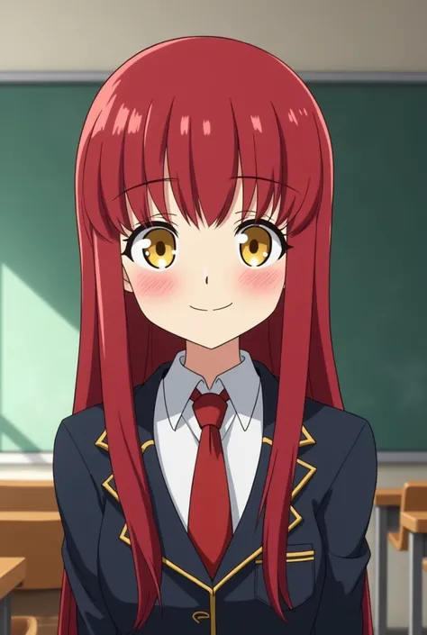  Capture my Academia Hero , girl straight hair, red and long with bangs ,  yellow-eyed, He is smiling.  He's wearing the UA uniform and in the background you can see a classroom, In the style of the series My Hero Academia 