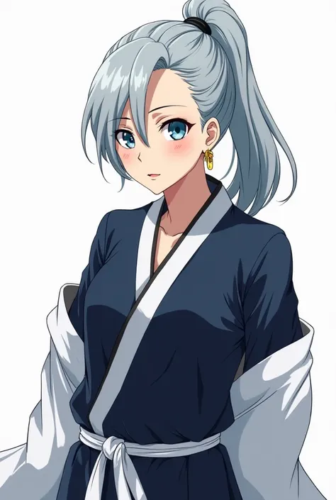 a light-skinned man, athletic, with long gray hair tied in a ponytail,  blue eyes,  wearing the classic Bleach shinigami outfit in the color dark blue, The white kimono of the Bleach captains and gold earrings . (She has both arms behind her ), ( anime sty...