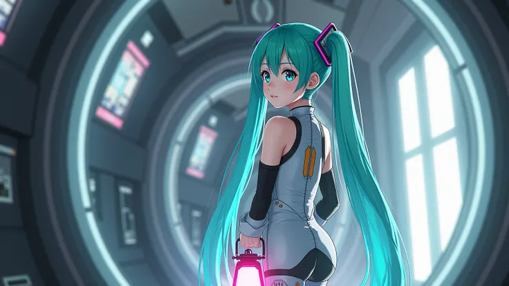 Galaxy Spacesuit ,  Cyber, Near future,  in a spaceship、 1 girl,  Hatsune Miku,  vocaloid ,  blue eyes,  Lantern,  long hair,  watch viewers,  twin tails、From Side View、