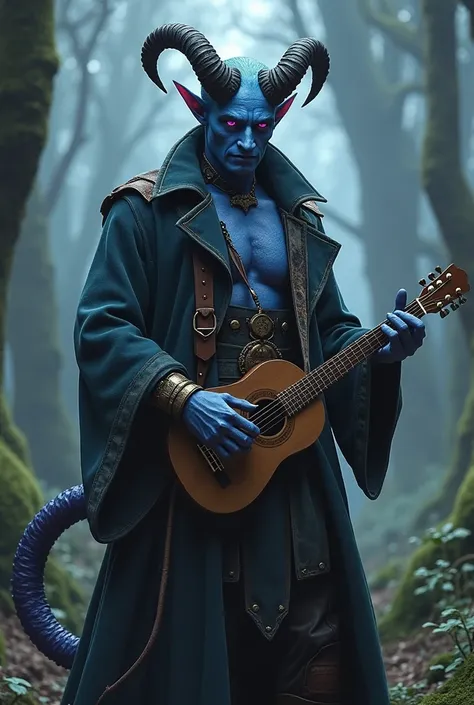 Austin Butler,  with horns, with tail,  blue skin ,  purple eyes, playing the lute, wearing leather armor and an old coat, rpg, d&d