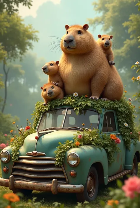  a capybara with three cubs on top of a car, That the car is decorated with plants 