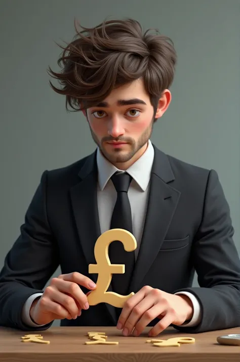 Male avatar with frizzy hair wearing Christian dress clothes to make signs of pounds