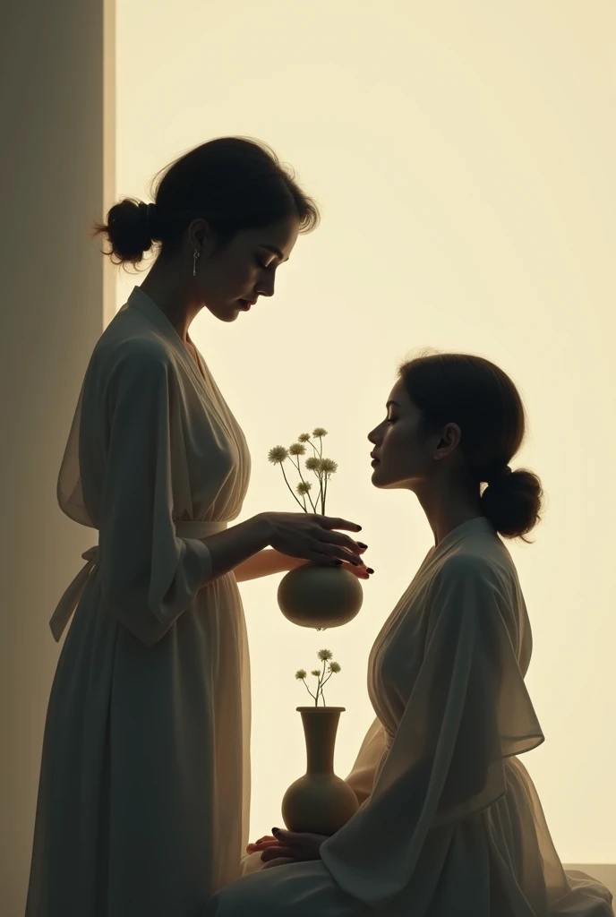 Silhouette of a woman filling another young woman's vase with her vase 