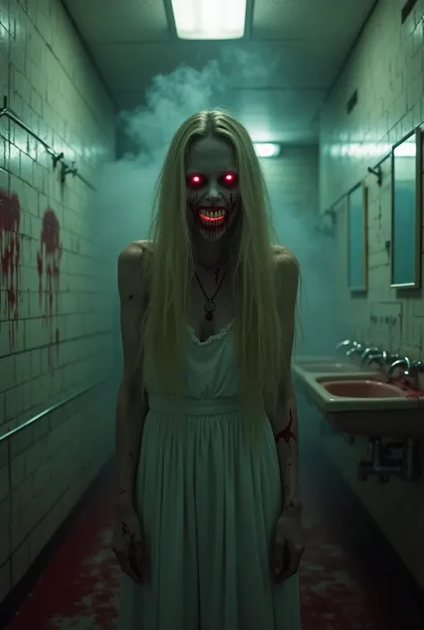 "A terrifying ghostly woman with long, disheveled blonde hair stands inside a dimly lit school bathroom, her presence emanating pure dread. Her pale, decayed skin is covered in deep, bloody scratches, and her lifeless eyes glow faintly with a sinister red ...