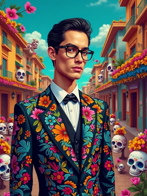 Pop art image of a skinny handsome male with black eyeglasses wearing a mexican traditional and colorful suit with a mexican town with a lot of colorful skulls heads and a Lot of colorful flowers, mexican objects, having a traditional folklore and colorful...