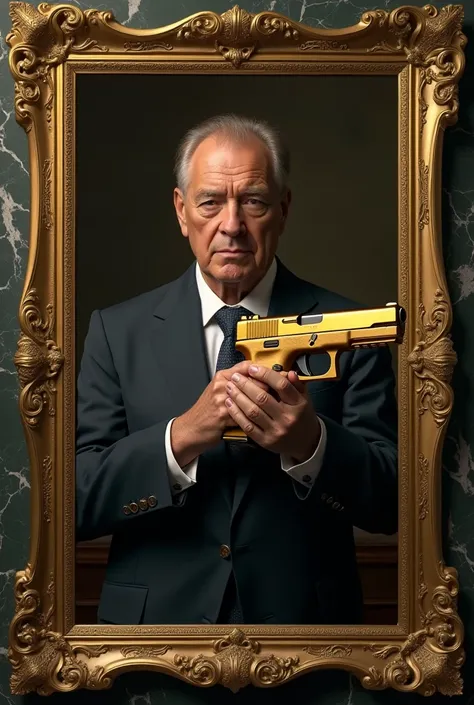 Generate an image that has a marble frame and let me say that I'm wearing a Glock bathed in gold/gold