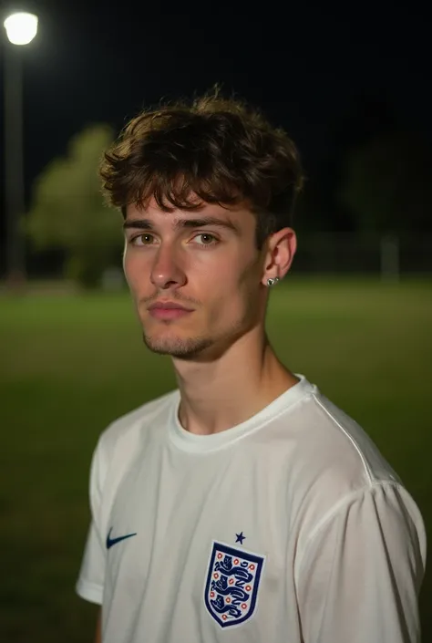  A 23-year-old young man short dark hair.
 Brown eyes light skin defined jaw ,  prominent cheekbones and slightly raised nose.  muscular build . stubble.  She wears an earring on her left ear .  English national team t-shirt Night park background. 