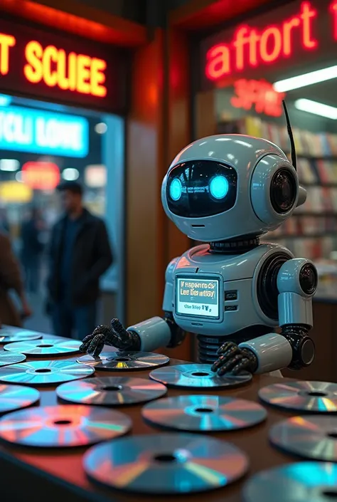  A selling robot with a retro-futuristic design is behind a counter full of DVDs at a street movie stand.  The scenery has neon lights reflecting on the disks ,  and several covers of classic and recent movies are displayed around . The robot has a friendl...