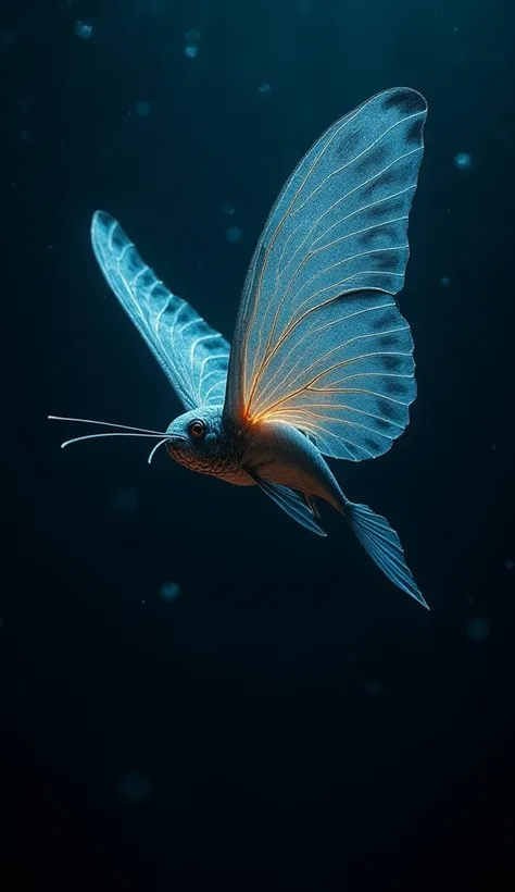 A hyper-realistic deep-sea fish resembling a butterfly glides through the dark ocean depths. Its delicate, wing-like fins are semi-transparent, adorned with intricate vein patterns that mimic butterfly wings. The fish's body is sleek and streamlined, its b...