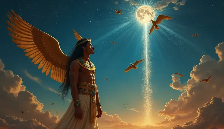 " An Egyptian-style painting depicting a pharaoh looking up at the night sky. A mysterious light descends upon him ,  and winged figures can be seen in the background .  The pharaoh seems to be receiving knowledge or energy from something higher ."