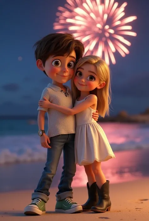 Create a Disney Pixar image of a boy with brown hair and brown eyes, Have a white yarn shirt on, a gray jean and green sneakers, That on his right side there is a girl with blond hair and brown eyes, Who is wearing a white dress and black Texan boots, They...