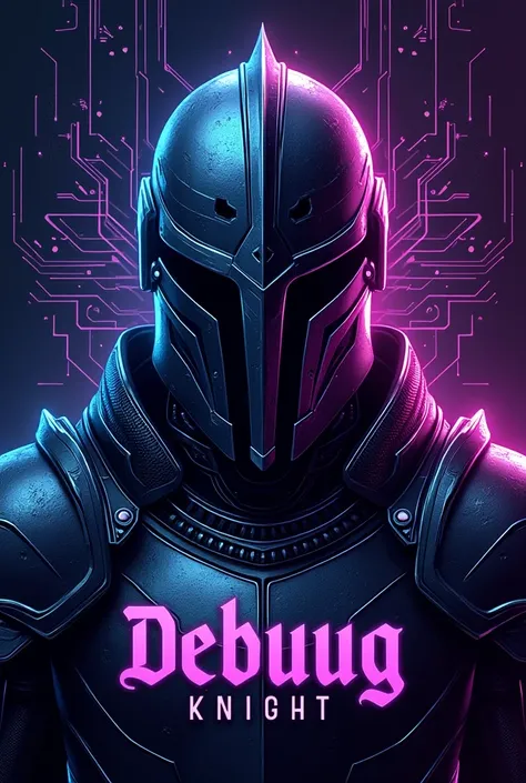 "A futuristic dark knight in shining armor with glowing neon accents, standing against a high-tech circuit board background. The knight's helmet has bold, angular features, and the color palette includes vibrant shades of purple, blue, and black. The text ...