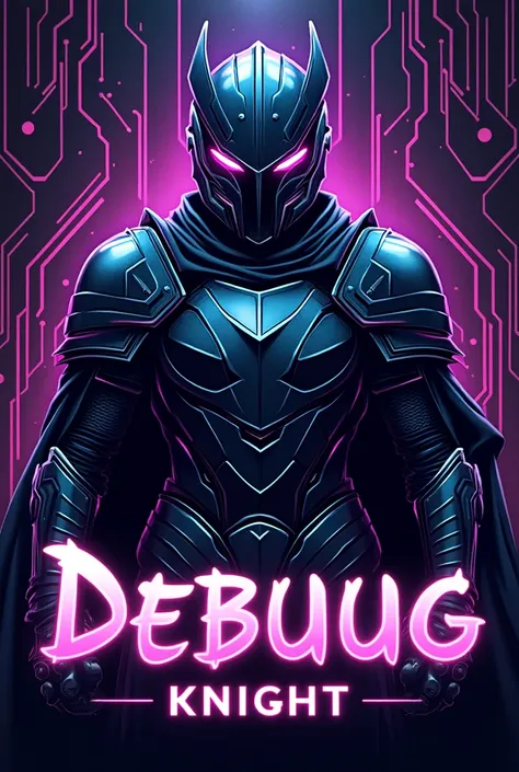 "A futuristic dark knight in shining armor with glowing neon accents, standing against a high-tech circuit board background. The knight's helmet has bold, angular features, and the color palette includes vibrant shades of purple, blue, and black. The text ...