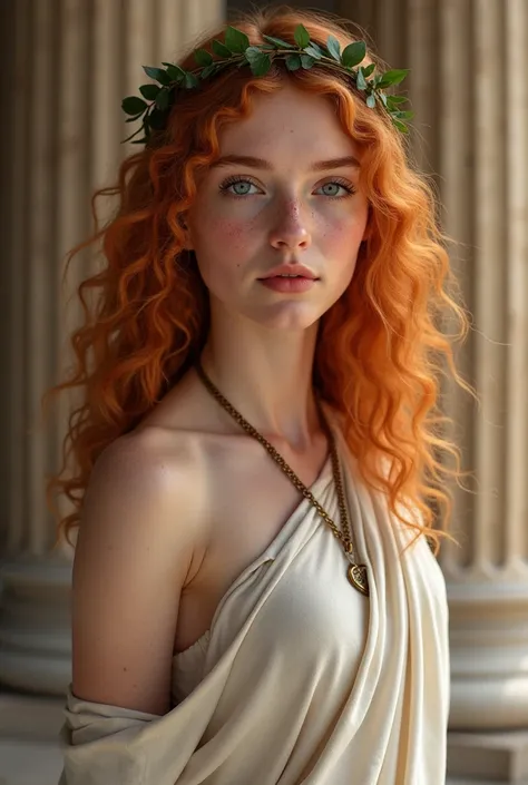 A young woman in ancient greece, she have waist-length curly orange-ish ginger hair, baby blue eyes and porcelain skin, that is splashed with freckles in her nose, cheeks and shoulders. She also have beautiful full plum lips. She usually wear a toga  that ...