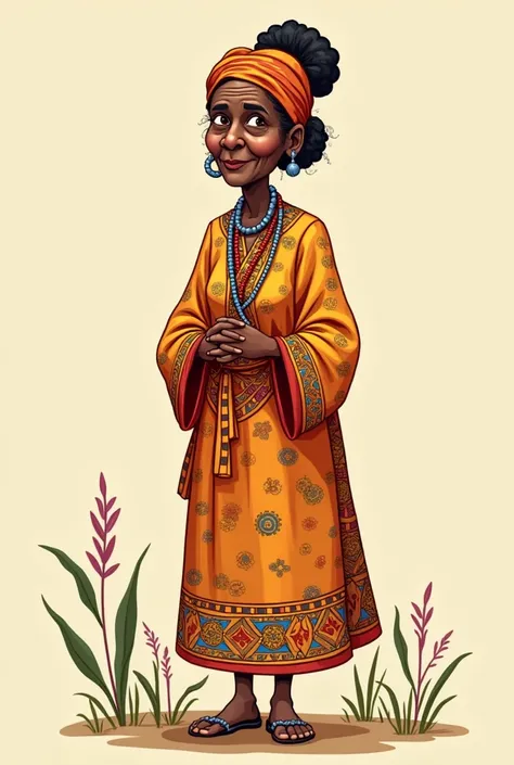 Illustrate me an image of an old african woman in traditional clothes in cartoony art style. Dont make it too complicated and i need a full body portrait from head to toe