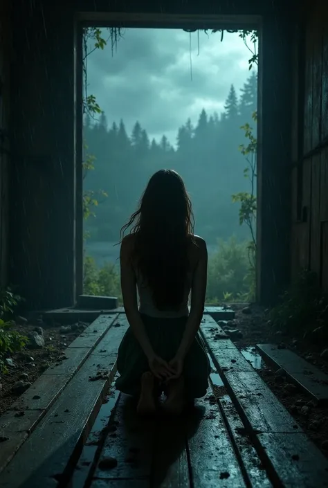  Female character, brown haired, in pants, With your back kneeling on the old wooden floor destroyed place in the forest, night, storm, shadow,  low lighting, Damp place , cinema 