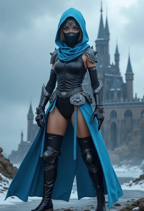 Elsa from Frozen wears a blue Sub-Zero-style ninja pleather tabard over a black swimsuit, metal ninja mask, black reinforced high boots, metal bracelets and shoulder pads. Standing in the background is a sinister ninja castle. Sky with gray clouds.