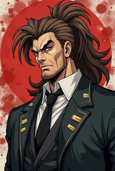 Middle age White anime character, with metal studs in eyebrows male, yakuzaboss, very thick lion male in ponytail brown hair,brownred dark eyes, handsome, sexy, piercings , more muscle, 80's outfit Buff 80's suit, poofy lion mane hair No beard evil face, g...