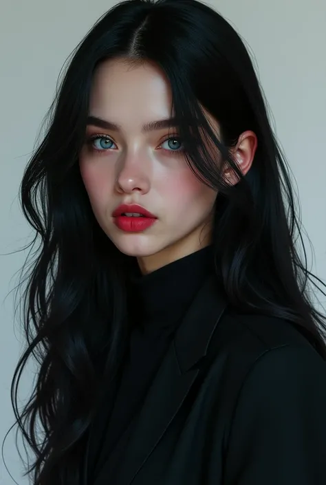 Girl, mysterious blue eyes, full red lips, long black hair, white skin, sharp features, wearing black formal clothes, smart and sociable personality, regular, sporty, digital art style 