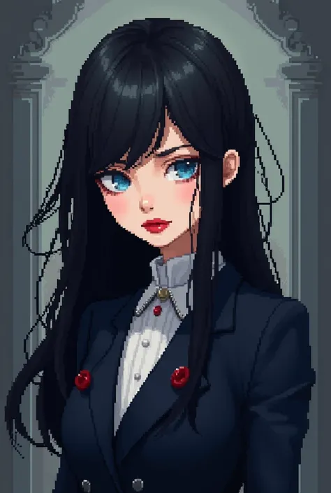 Girl, mysterious blue eyes, full red lips, long black hair, white skin, sharp features, wearing formal clothes, pixel art style 