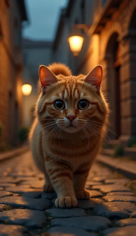  high quality,  high resolution,  Realistic photos,  photography， a mature orange cat，Round eyes，Town，Lane ， Street Light，night， walk