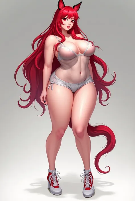 Waifu voluptuous big bust short dress transparent high heel sneakers long hair redhead animal ears, 