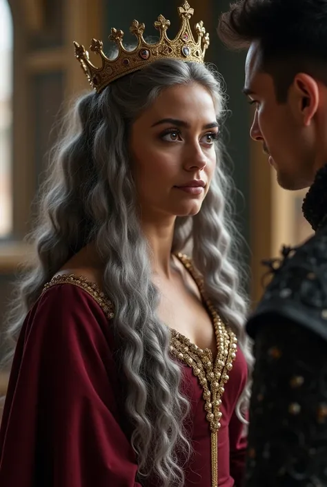 Picture of a beautiful still very young looking Ariana Grande as a viking woman warrior she is 50 years old with long curly gray hair and hazel eyes, wearing a crown as the queen standing in a English throne room wearing a English queen dress she is standi...