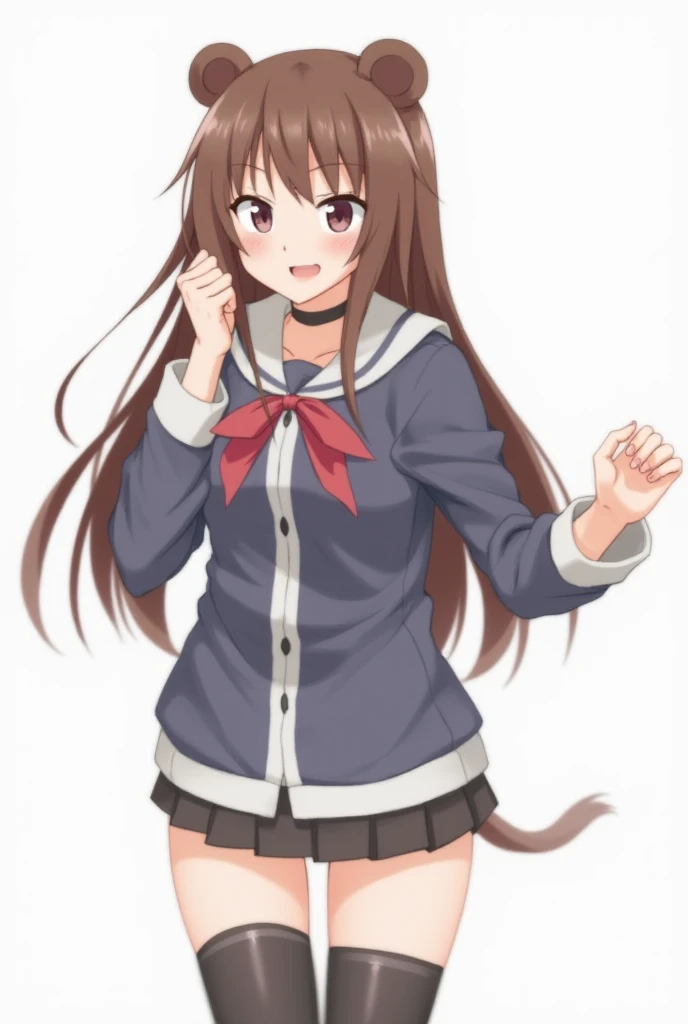  Hair,  tall twin tails,  straight bangs, Bear ears,  standing picture, Long sleeves, hotpants,  Thigh Socks , get angry,anger, simple background,  standing picture,  anime,  long hair,  1 girl,  with movement,