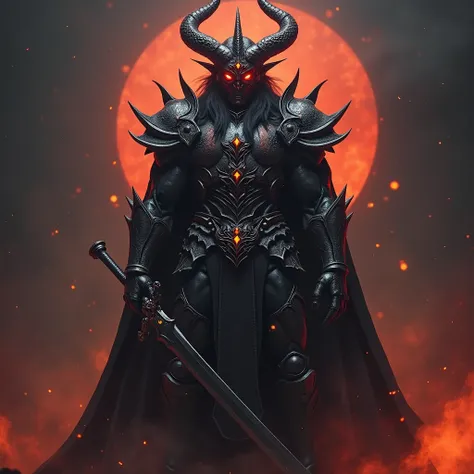 Sirphyton fiery and fierce demon warrior, the figure stands adorned in finely crafted armor, the helmet covers the face, Fade, boots and thigh highs, and demonic with glowing red and orange accents. Bright red demonic eyes, Long, black hair flows beneath t...