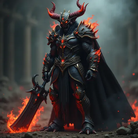 Sirphyton fiery and fierce demon warrior, the figure stands adorned in finely crafted armor, the helmet covers the face, Fade, boots and thigh highs, and demonic with glowing red and orange accents. Bright red demonic eyes, Long, black hair flows beneath t...