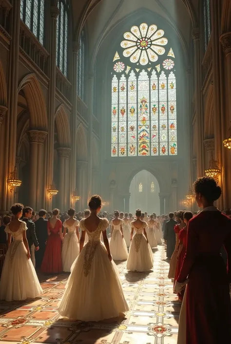 In the 18th century, A fashion show in a cathedral ,  Cathedral stained glass windows decorated with Ladybugs .  White women parade in contemporary long dresses. 