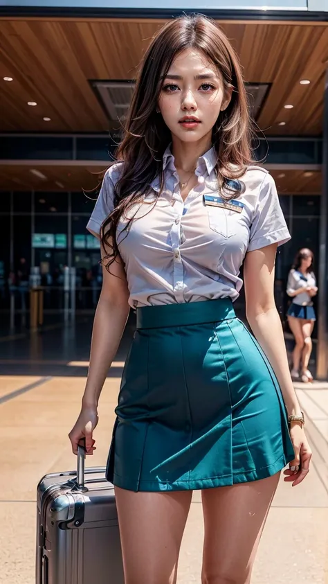 A beautiful, 24-year-old Japanese woman with perfect anatomy, healthy thighs, beautiful legs, beautiful skin, random hair color and style, large breasts, (wearing a flight attendant uniform with a mini-skirt:1.3), (she is standing:1.2), full body shot, pum...