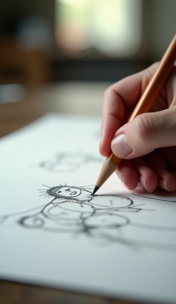 "I want to create a realistic photo of a person drawing with a pencil on paper. The image should focus on the person's hand holding the pencil, with visible pencil strokes on the paper. The paper should have a detailed sketch, showing the gradual progress ...