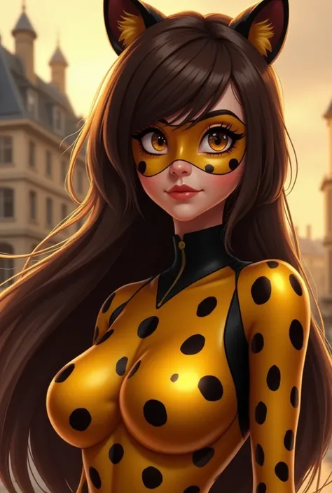 Woman with long straight brown hair with light waves with bangs  ,Light brown skin color with golden superhero costume with black spots and brown parts based on the leopard animal with ears and tail , gold striped eyes with a black whip with gold animation...