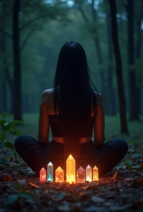 Create a realistic image of a woman with black , Full body with a bright orange light around the body, Sitting cross-legged in the middle of a forest full of trees at night, With several crystal tips in front of you in front of various colors 