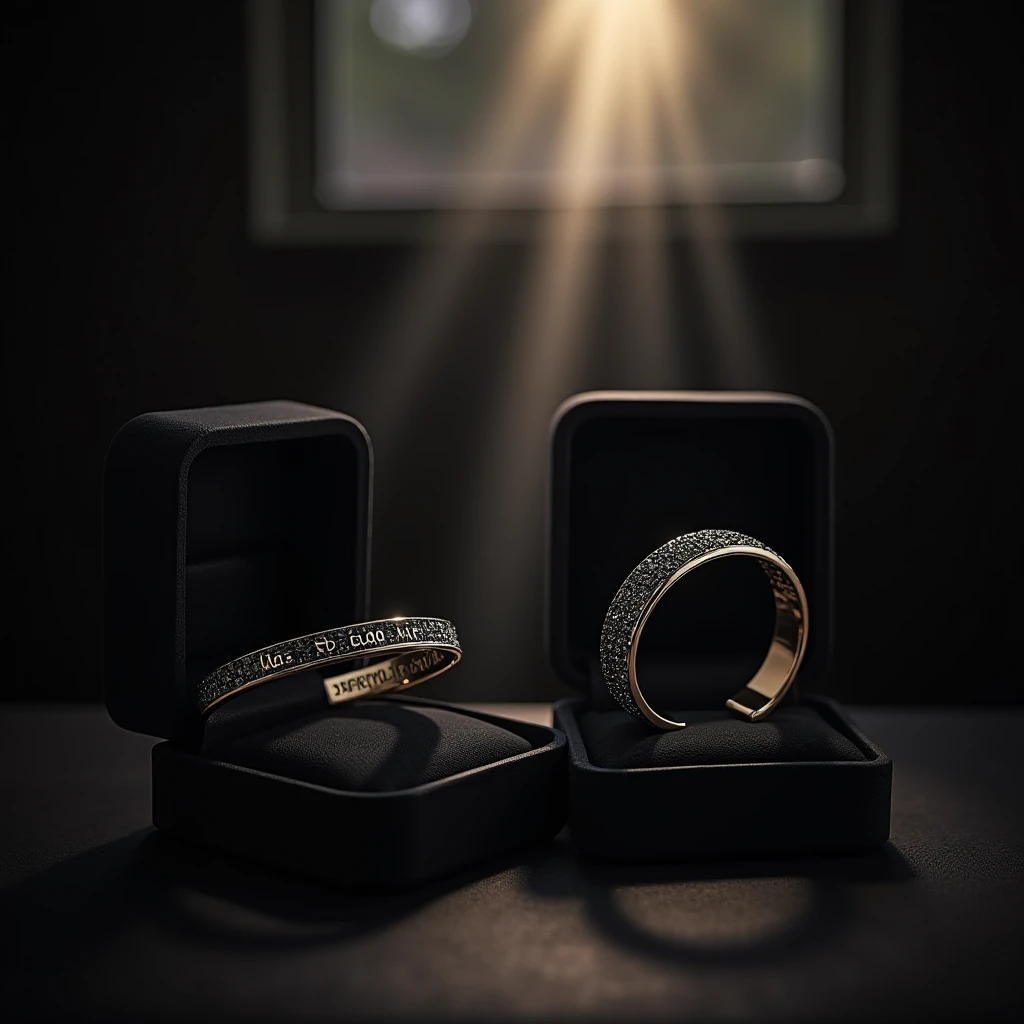  realistic oil .  to two simple bracelets with black diamonds , one with the words  "Mrs..  Martinez "  engraved and the other with black diamonds with the words  "Sr. DeLuca "  engraved inside a black box ,  on a dark background with rays of sun streaming...