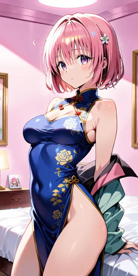 high resolution, best quality, amaging quality、super fine illustration,detailed skin,  Momo Belia Deviluke(To love ru)、pink short hair、Curve、real detailed skin、glamor slender body、medium breasts、(No_tail)、love Hotel、pink room，bed room、cowboy shot、in heat、h...