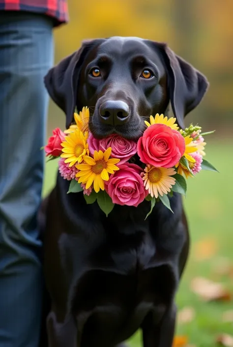 Black Labrador dog holding a bouquet of flowers in its mouth, next to a man's leg