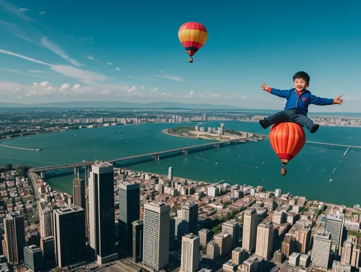 A boy is soaring through the city on a balloon.