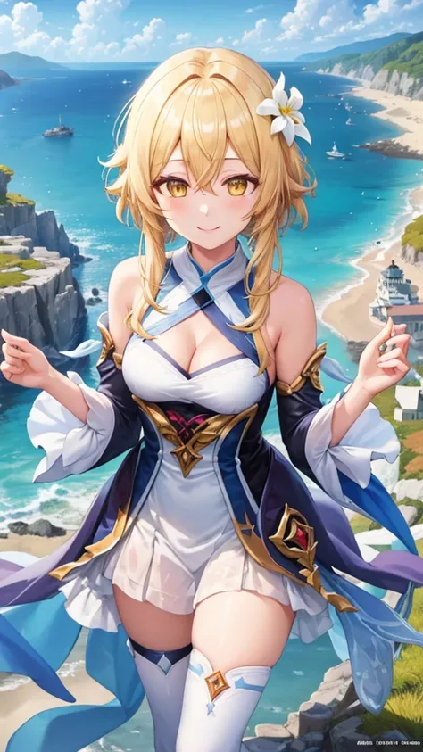 ((masterpiece)),(best quality),official art,extremely detailed CG,unity 8k wallpaper,ultra detailed,A lighthouse on a cliff by the sea,1girl,solo,upper body,looking at viewer,lumine (genshin impact),blonde hair,hair flower,hair ornament,yellow eyes,white d...