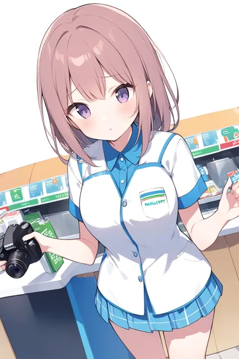 Girl working at convenience store、Camera angle front、 FamilyMart uniform 、Standing still、( female college student)、 no background、