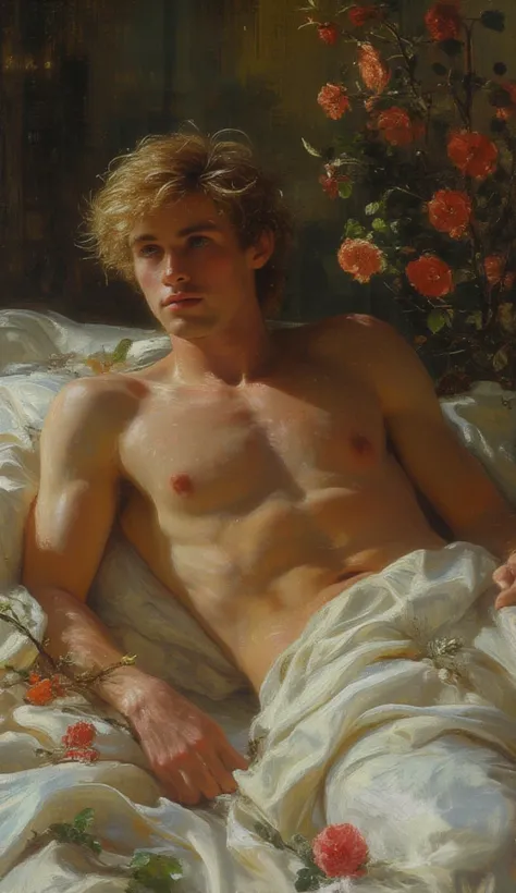 A young blond man lying on a bed covered with a white silk sheet showing some skin and flowers with thorns around him,  High resolution 