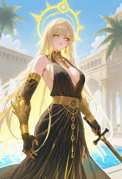 mixed_artwork style, very long hair, pale blonde hair, straight hair, dark yellow eyes, chaotically styled hair, perfect eyes, golden bracelets, black and gold dress, (plunge cleavage, side boob), golden necklace, standing, Expressionless, Mole under eye, ...