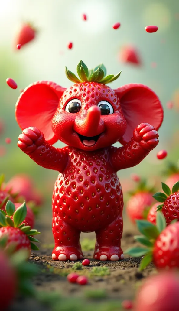 Cute elephant, cartoon 3D, arms raised, cheerful eyes, looking at viewer, standing, made of strawberry, red fruit, strawberry field background, strawberry seeds falling,  4k, detailed texture, sweet.