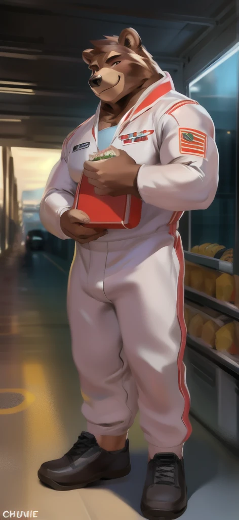  alone, male Tall​,huge​ body​, stand,Holding a lunch box, there is a lot of sushi food., road, ​ bear​ mammoth,​  pink​ military spacesuit,  heavy overload,  muscle bundle, smirking,by chunie ​